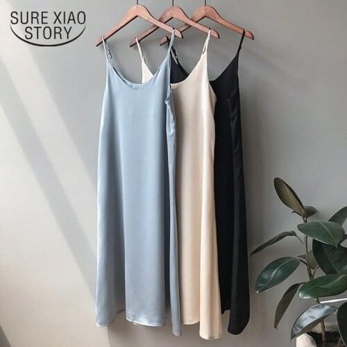 Vestidos 2020 Summer Silk Casual Satin Solid Dress Women Long Sexy Sleeveless Elegant Maxi Dress Korean Style V Neck Dress 9474