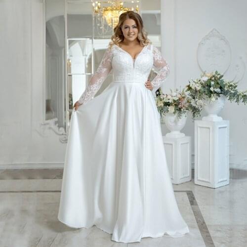 Cheap Plus Size Detachable Wedding Dresses Lace Applique Long Sleeve Sexy V Neck Floor Length Custom Delicate Civil Bridal Gown