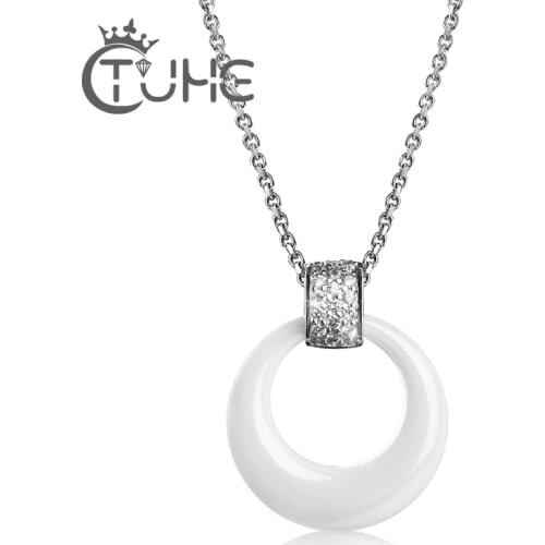 Simple Style Cubic Zirconia Round Ceramic Necklaces Pendants Silver Color Fashion Jewelry Necklaces For Women Chain Accessories