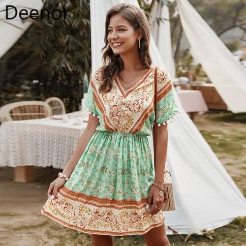 Deenor Beautiful Women Short Sleeve Dress Ladies Boho Beach Floral Print Tassel Mini Dresses Summer Holiday Party Sundress Robe