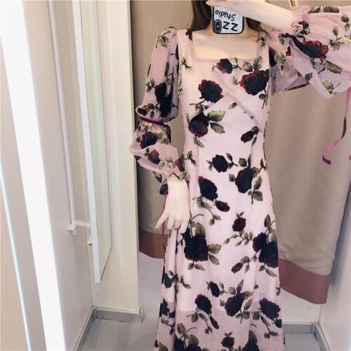Bella philosophy 2020 spring women print high waist dress lady lantern sleeve a-line dress female square collar Vestido