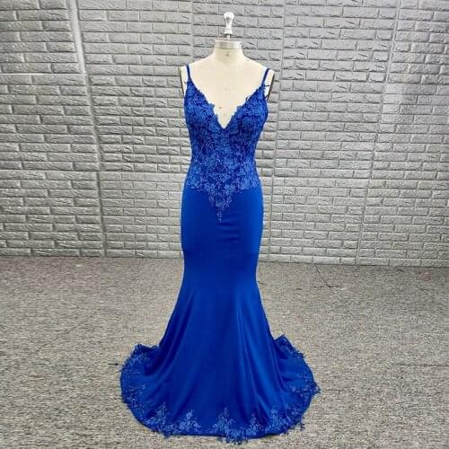 Girls Sexy Spaghetti Strap V Neck Backless Mermaid Royal Blue Prom Dress