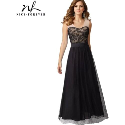Nice-forever Elegant Mesh Floral Lace Patchwork Gown Cocktail Party Chiffon Women Flared Dress A039