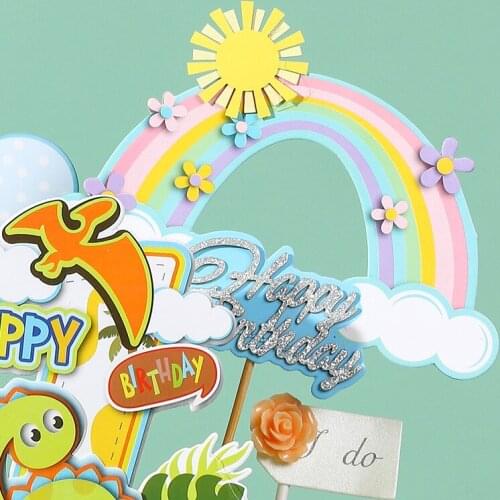 1PC Colorful 1 Happy Birthday Balloon Rainbow Sun Dinosaur Cake Topper Kids Party Decoration Decoration for Baking Cute Gifts