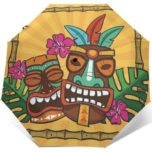 Automatic Umbrella Tribal Masks Flowers With Ethnic Style three-fold umbrella women men rain umbrella