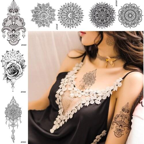 BAOFULI Henna Flower Body Art Temporary Tattoo Stickers Rose Round Arm Fake Jewelry Tatoos Black Lace Disposable Tattoo Women