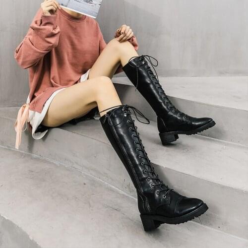 Women Boots long Boots shoes fashion British style Lace-up Comfortable Round toe zipper Ladies boots