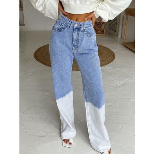 Tie Dye Streetwear Fashion Long Jeans Straight Pants Vintage Buttons Fly Cargo Denim Pants Women High Waist Trousers For Women