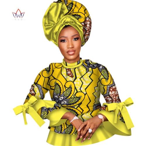 Dashiki African Shirt for Women Bazin Riche Ankara Print Long Sleeve Shirts with Headscarf African Women Tops Clothing WY7015