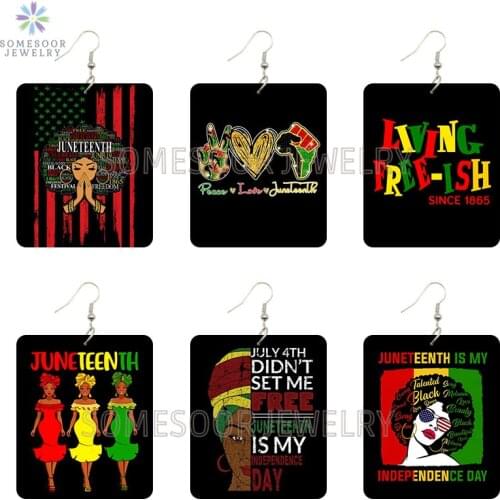 SOMESOOR Living Free-ish Black Independence Day Wooden Drop Earrings Juneteenth Since 1865 Printed Dangle Jewelry For Women Gift
