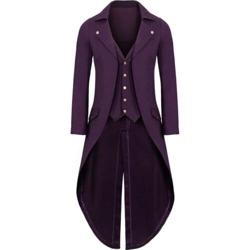 Mens Gothic Tailcoat Jacket Purple Long Coat Mens Tuxedo Suit Steampunk Trench Cosplay Costume Victorian Coat Halloween Party