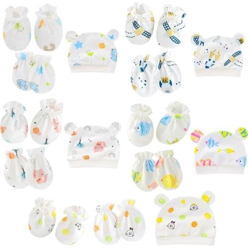 KLV Baby Anti Scratching Soft Cotton Gloves Foot Cover Hat Set Comfy Baby Mittens Socks Kit Toddler Newborn Mitten for 0-3Month