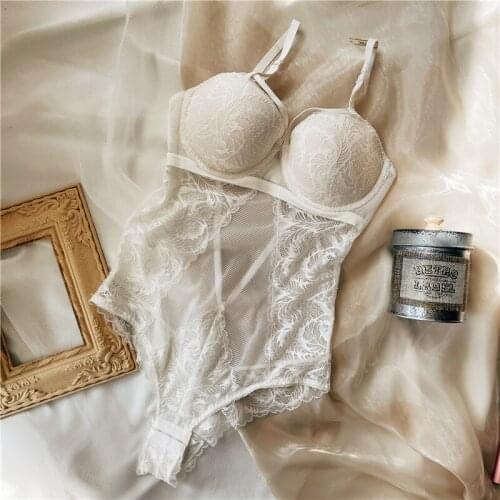 Wriufred Womens bra set temptation one-piece suspenders thickened cups gathered lingerie sexy lace hollow bralette panty