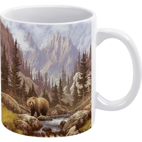 Grizzly Bear Landscape White Mug To Friends and Family Creative Gift 11 Oz Mug Coffee Ceramic Mug Animal Bear Brook Forest Grizz