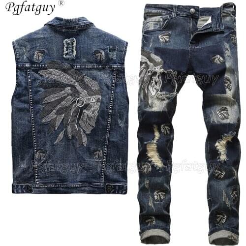 2021 European Style Mens Sets Spring Embroidered Indian Stretch Blue 2 Pieces Maching Set Vest and Hole Jeans Mens Clohing 4XL