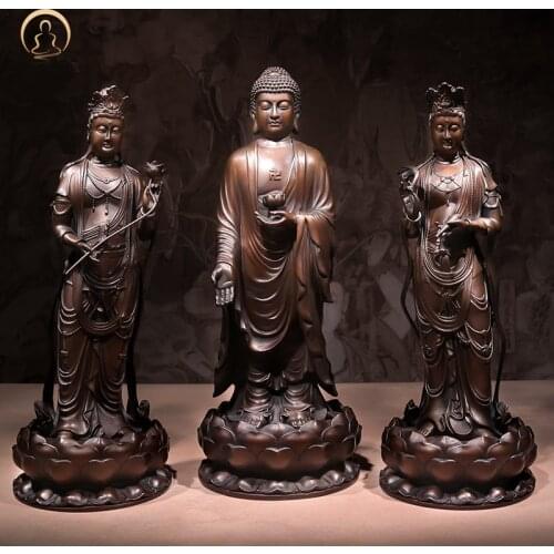 A SET 3P # GOOD figure of Buddha HOME temple Shrine Protection # Tantra Buddhism Amitabha Sakyamuni Guanyin Buddha Bronze statue