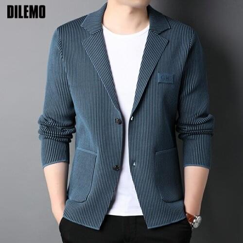 Top Grade New Brand Fashion Slim Fit Blazer Jacket Smart Elegant Stylish Knitted Suit Striped Men Coat Casual Mens Clothes 2021