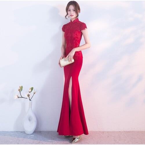 Sexy Split Wedding Qipao Red Lace Mermaid Chinese Evening Dress Long Cheongsam Elegant Summer Women Short Sleeve Party Gown
