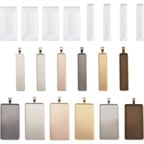 24pcs/set Transparent Glass Cabochons with Alloy Pendant Cabochon Settings DIY Rectangle Pendant Making Kits Jewelry Accessories