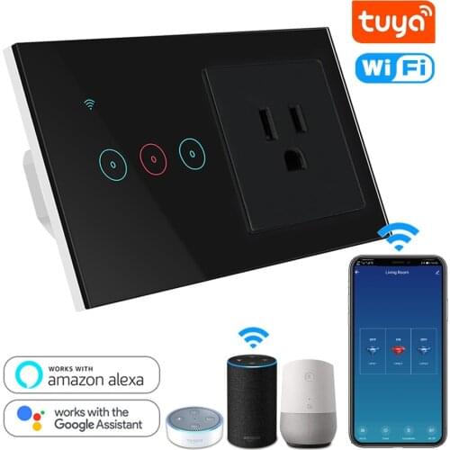 Tuya Smart Switch WiFi Light Touch Wall Switch with 146 US Plug Electrical Socket 16A Work with Alexa Google Home Voice Control