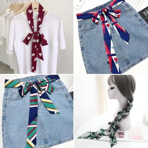 Spring Summer Skinny Scarf Double-Side Graffiti Print Belt Satin Silk Scarf For Women Bag Ribbon Hair Scarf Women‘s Neckerchief