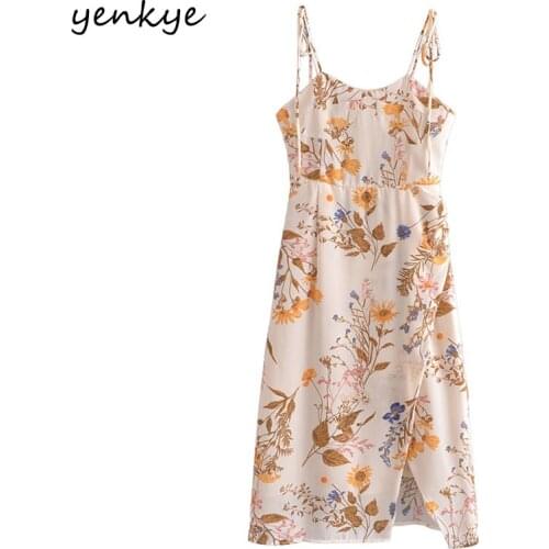YENKYE Summer Women Vintage Floral Print Sexy Slits Sling Dress Female Holiday Beach Dress Chiffon Vestido