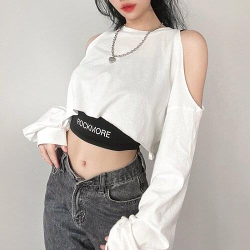 Hollow Out Off Shoulder Two Piece White Solid Open Navel Fashion Casual T-shirts 2021 Summer Long Sleeve Loose Women T-shirt