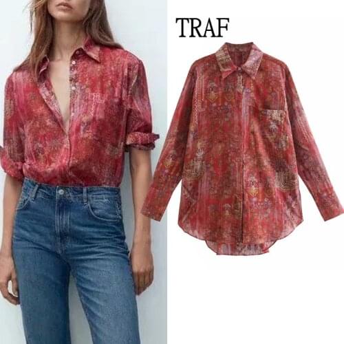 TRAF Za Top Woman Print Button Up Shirt Women Long Sleeve Spring 2021 Elegant Blouse Female Asymmetric Hem Chic Shirt Streetwear
