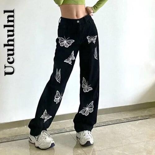 Ucuhulnl Spring Butterfly Print Jeans Woman Long Trousers Cowboy Y2K Female Loose Streetwear Vintage Straight Denim Pants 2021