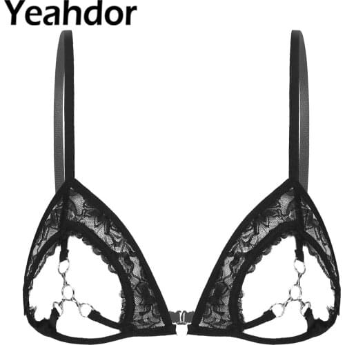Women Black See Through Sheer Lace Lingerie Bras Open Cups Bra Top with Metal Rings Linked at Bust Hot Sexy Nightwear Underwear