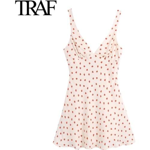 Traf Za Women Clothing Summer 2021 Chic V-neck Sexy Sleeveless Dresses French Fashion Strawberry Print Vest Skirt Mini Dresses