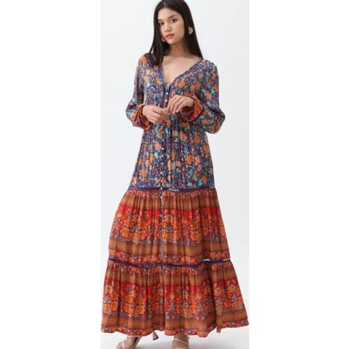 TEELYNN Maxi Dress rayon orang floral print sexy v-Neck long sleeve boho Dresses Gypsy long women dresses 2019 Bohemia vestido