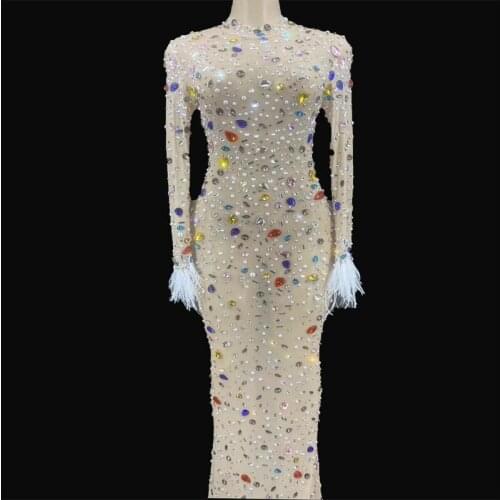ZColorful Crystals Pearls Sexy Mesh Dress Prom Evening Sexy Transparent Multicolor Rhinestones Costume Birthday Feather Sleeves