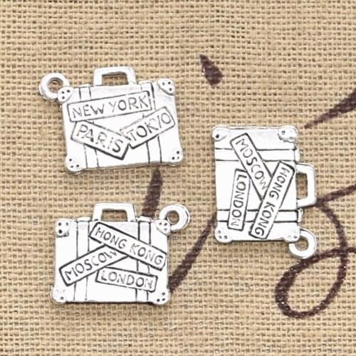 15pcs Charms Travel Bags New York Paris Tokyo 15x13mm Antique Silver Color Pendants Making DIY Handmade TibetanJewelry