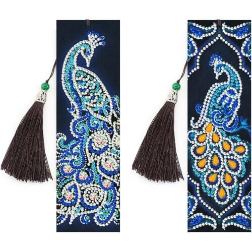 2Pcs Special Shaped Diamond Painting Peacock Bookmark DIY Diamond Mosaic Cross Stitch Mandala Tassel Bookmarks for Children Gift