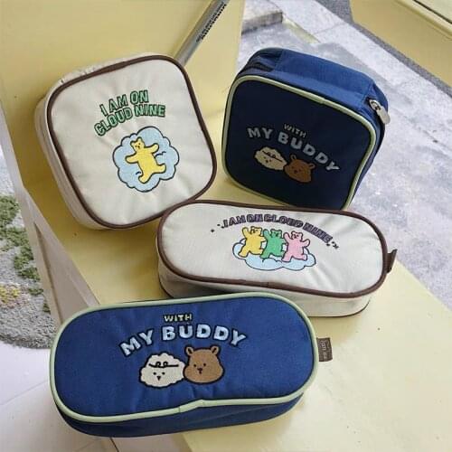 Korean style Cute embroidery bear Pencil case Student stationery Portable cosmetic bag storage bag kawaii pencil cases makeup