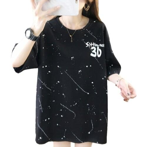 Summer Short Sleeve T Shirt Women Korean Loose Large Size Medium Long Length Cotton Sequin Tops Fashion Streetwear Tees