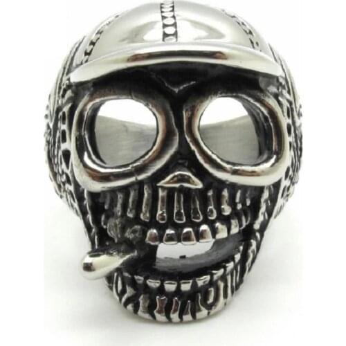 Hot sale !! New Fashion Mens Hat Smoker Cool Skull Silver color Ring 316L Stainless Steel Jewelry