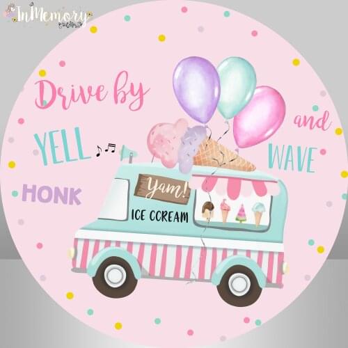 Ice Cream Circle Round Backdrop Pink theme Girl BIrthday Party Decor Banner Ice Cream Car table Cover Polka Dots Background