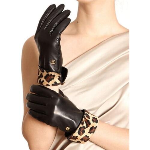 Fashion Leopard Brand Genuine Leather Gloves Women Sheepskin Gloves Autumn Winter Plus Velvet Elegant Lady Glove L127NC-5