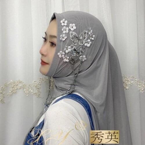 2021 Muslim Woman Scarves Floral Appliques Chiffon Shayla Hijabs