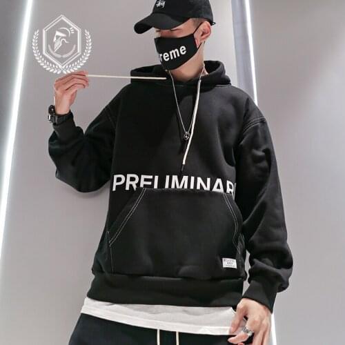 Men Fashion Loose Print Fleece Heavyweight Casual Pullover Hip Hop Sweatshirts with Hooded