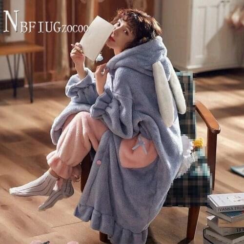 Soft Fluff Winter Warm Sleepwear Pajama Sets House Living Kawaii Long Coat And Pants Female Nightclothes