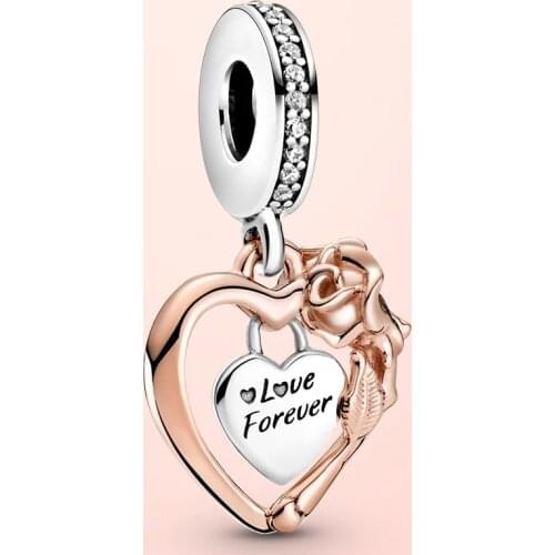 Original 925 Sterling Silver Heart & Rose Flower Dangle Charm Fit Original Pandola Bracelet 2021 women fashion DIY Jewelry Gifts