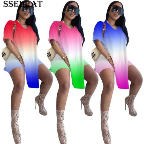 SSEURAT Loose 2 Piece Set Women Print Short Sleeve V-neck Pullover Long T-shirts Elastic Short Pants Two Piece Set Summer