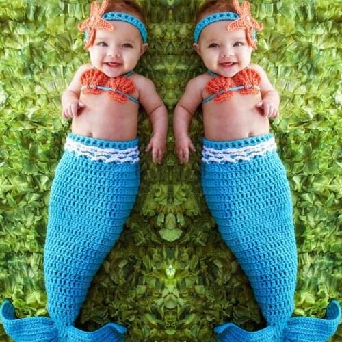 Newborn Baby Cute Girl Clothes Set Blue Mermaid Knit Costume Photography Prop Crochet Handbands Girls Children Clothing Sets
