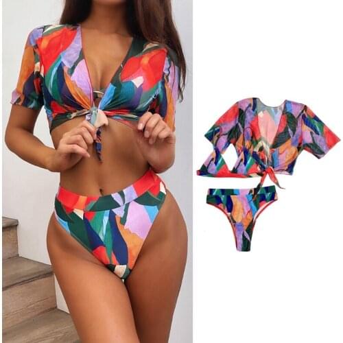 Women Sexy 3 Piece Bikini Set Triangle Cup Brazilian Swimsuit with Short Sleeve Cover Up Cardigan Colorful Abstract Printed XX9D