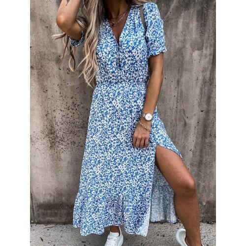 Temperament Womens Summer Long Dress Fashion New Floral Print V-Neck Short Sleeve Long Dresses Holiday Beach Female Vestidos