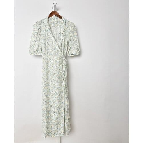 Floral Print Mid-calf Dress Women V-neck Lace-up Short Sleeve Prairie Chic Long Robes