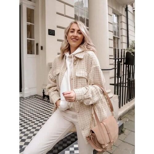 Winter Fashion Vintage Stylish Jewelry Buttons Shirt Jackets Women Turn-Down Collar Check Cute Girls Chic Coat Outerwear